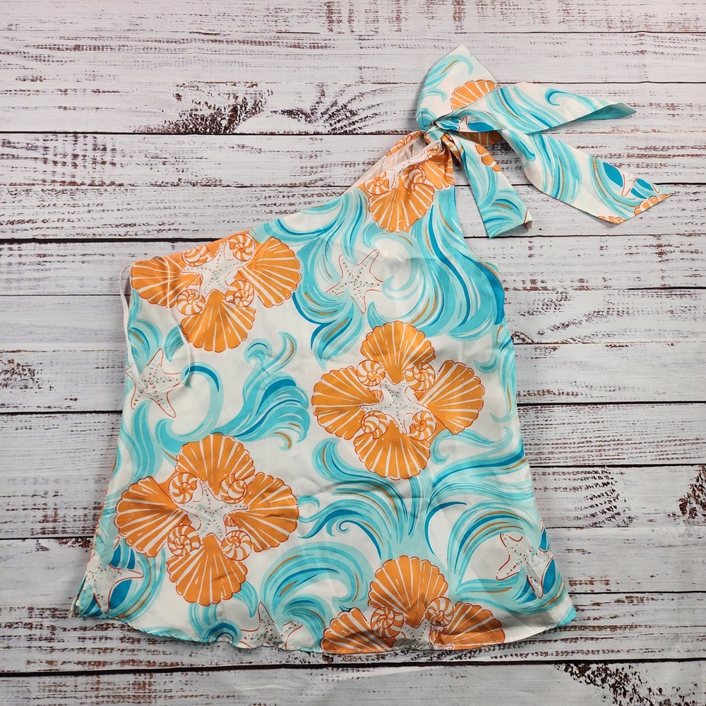 Lilly Pulitzer Kendall Silk One Shoulder Top Womens 12 Do The Wave Shell Print